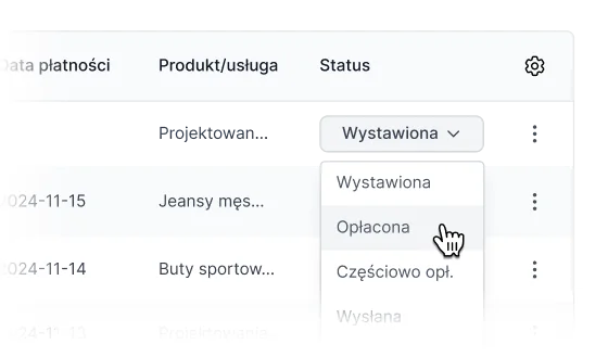 Lista faktur z rozwiniętym menu statusów: Wystawiona, Opłacona, Częściowo opł.