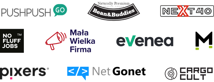 Kolaż logotypów firm i wyróżnień branżowych: PushPush GO, NEXT40, No Fluff Jobs, Mała Wielka Firma, Evenea, Pixers, NetGonet i CargoCult