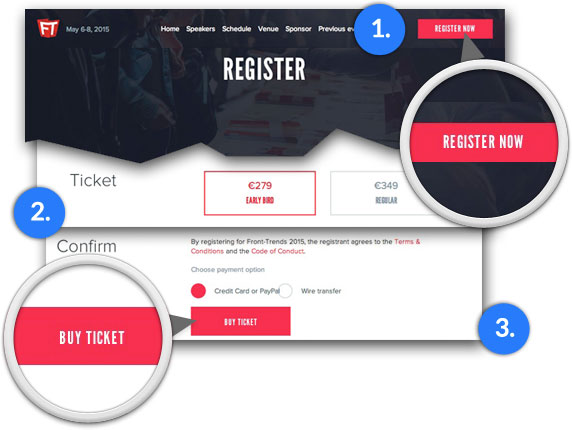 Formularz rejestracji na konferencję Front Trends z przyciskami Register Now i Buy Ticket