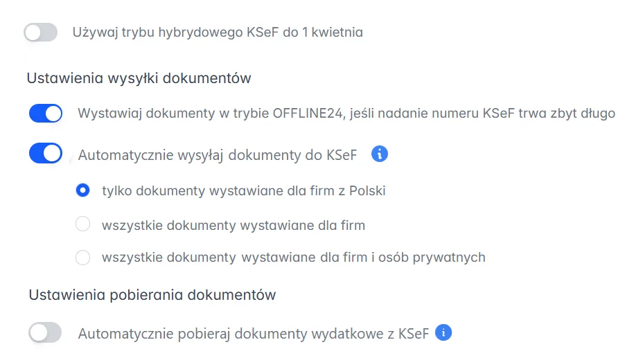 Panel ustawień KSeF z opcjami wysyłki i pobierania dokumentów