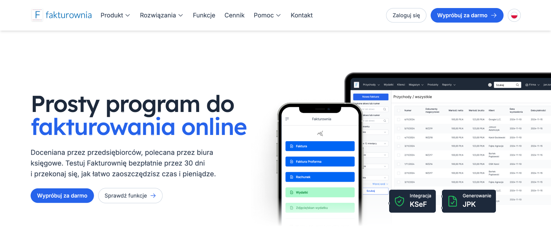 Hero sekcja Fakturowni z laptopem pokazującym panel dokumentów i odznakami KSeF i JPK
