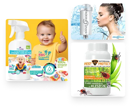Kolaż trzech produktów: spray do zabawek, filtr wody AquaShock i preparat na kleszcze Pest Protect