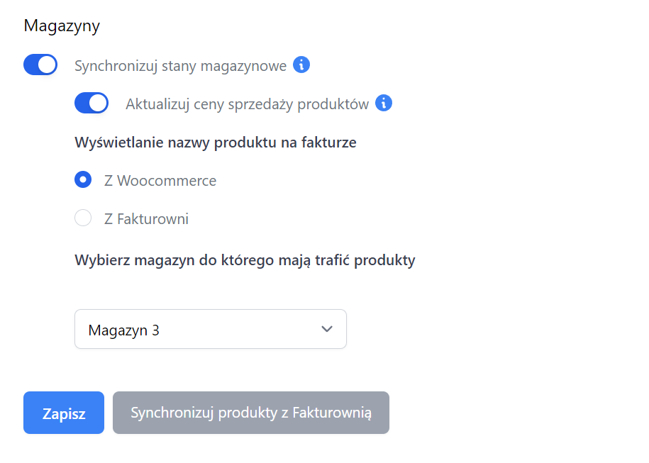 Panel integracji Fakturowni z WooCommerce z opcjami synchronizacji magazynu