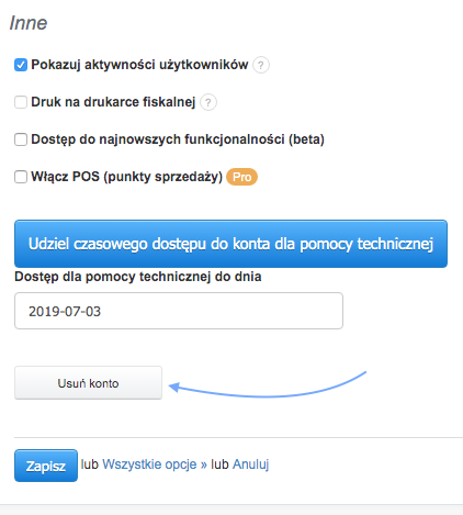 Ustawienia konta z opcją aktywności użytkowników, drukarki fiskalnej i przyciskiem Usuń konto.
