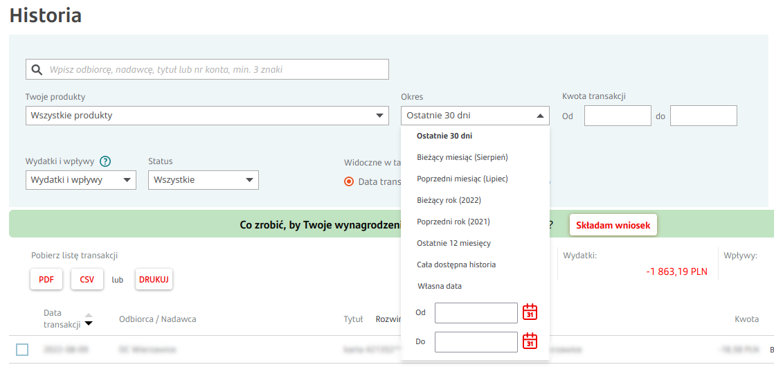 Ekran historii transakcji w Erste Bank Polska z opcjami filtrowania, pobierania danych w formacie PDF i CSV oraz składania wniosku.