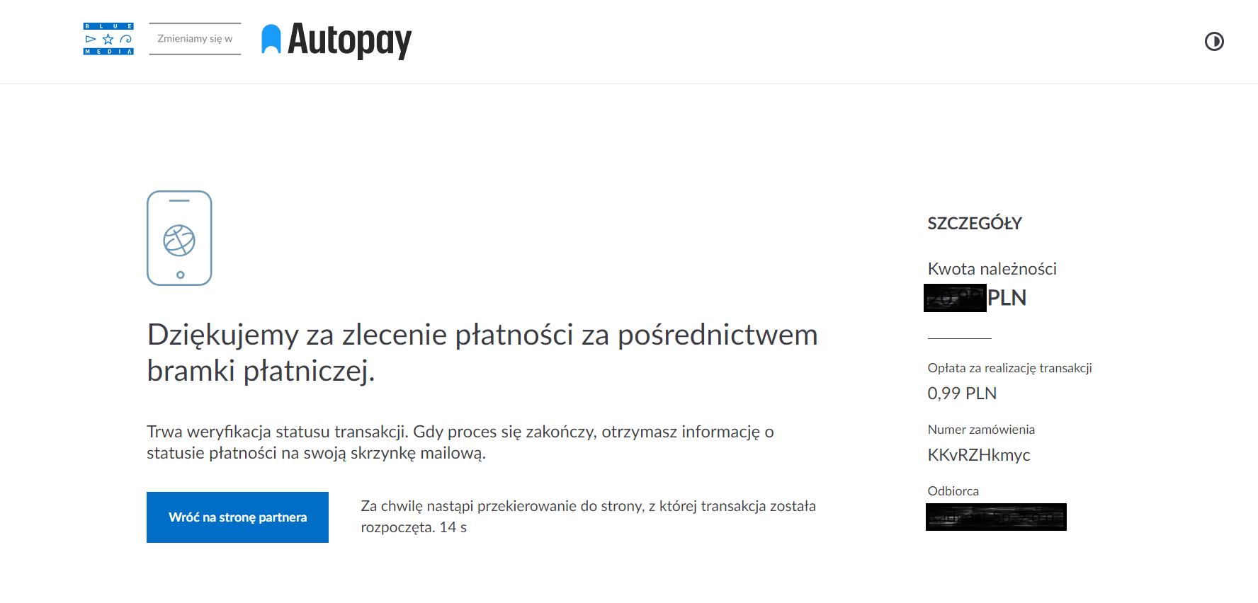 Ekran potwierdzający zlecenie płatności przez bramkę Autopay z podsumowaniem kwoty, opłaty transakcyjnej oraz numeru zamówienia