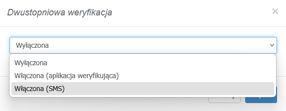 Menu ustawień dwustopniowej weryfikacji z zaznaczoną opcją 'Włączona (SMS)' dla zwiększenia bezpieczeństwa konta.