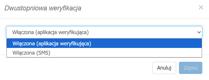 Okno aktywacji dwustopniowej weryfikacji z możliwością wyboru między 2FA SMS i aplikacja uwierzytelniająca.