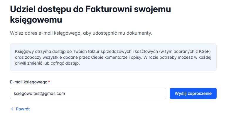Formularz zaproszenia księgowego do dostępu w Fakturowni, z polem na adres e-mail księgowego, na który system wyśle link zaproszeniowy do konta.