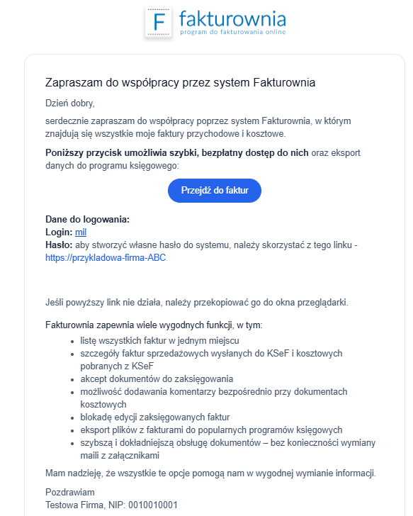 E-mail zapraszający do dostępu do faktur i kosztów w Fakturowni z linkiem do rejestracji dla księgowego, wysłany przez Firma Testowa ABC.