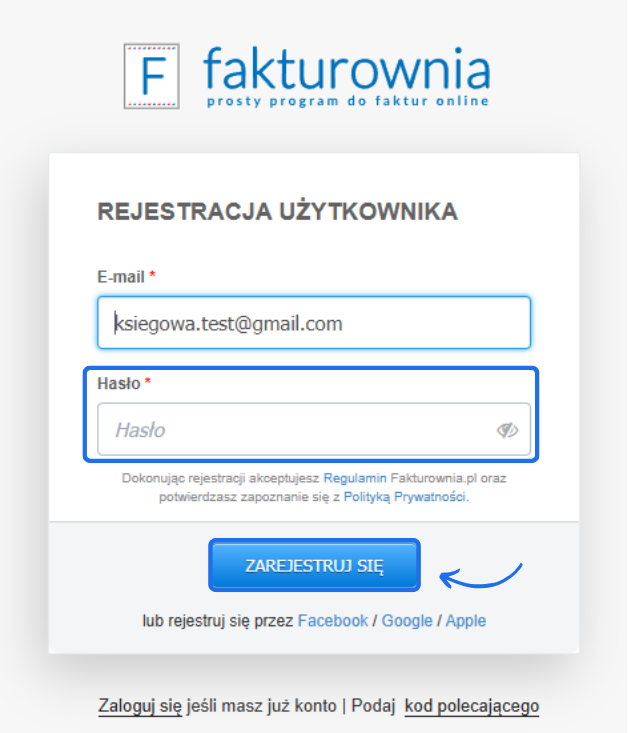 Formularz rejestracji użytkownika w Fakturowni z polami e-mail, hasło i przyciskiem Zarejestruj się dla nowych kont księgowych.