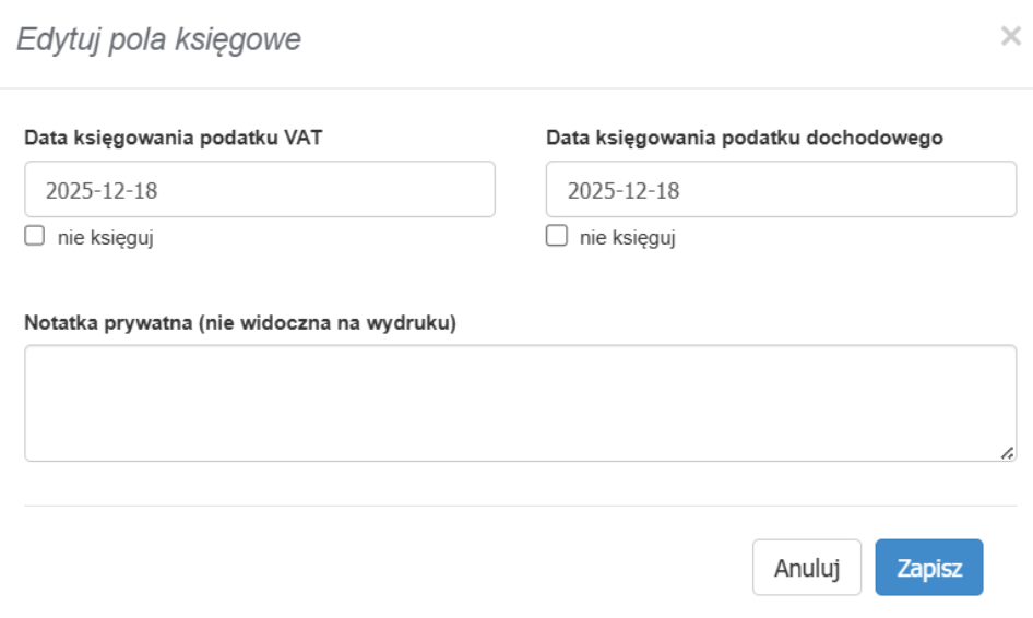 Edycja pól księgowych na dokumencie wysłanym do KSeF, w tym zmiana dat księgowania podatku VAT i PIT oraz notatki prywatnej.