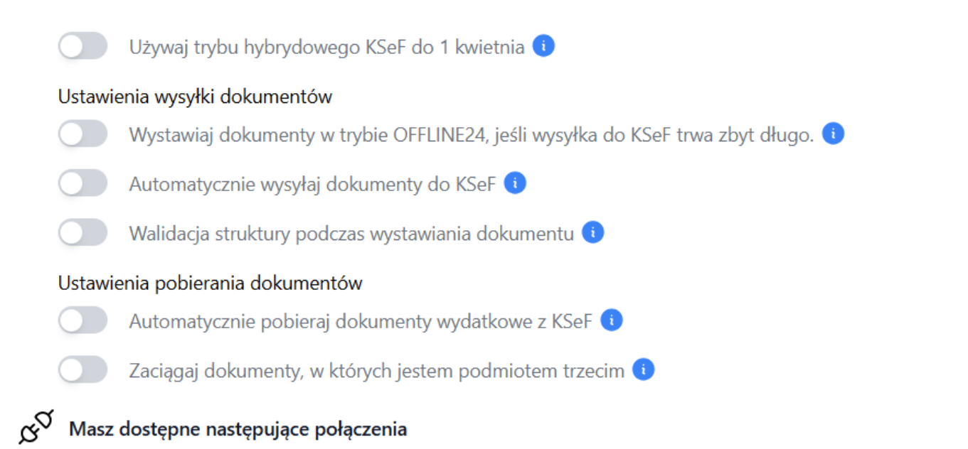 Ustawienia integracji z KSeF odnośnie wysyłki i odbierania faktur.