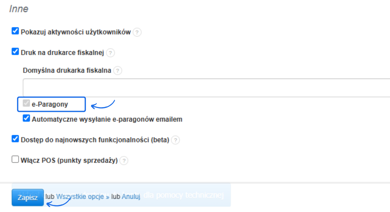 Opcje aktywacji e-Paragonów w ustawieniach konta, z automatycznym wysyłaniem i zapisem konfiguracji.