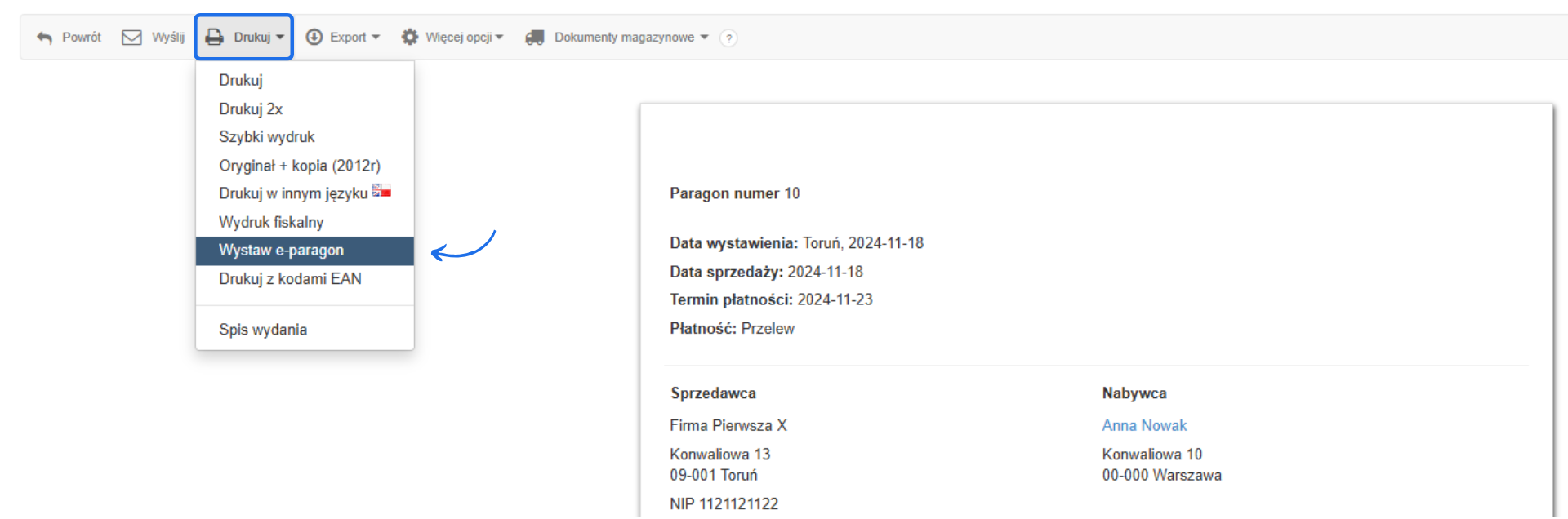 Menu dokumentu paragonu z opcją 'Wystaw e-paragon' na jego podglądzie.