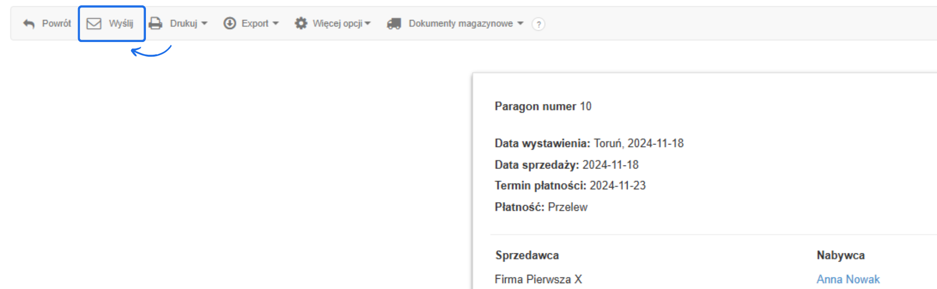 Panel dokumentu paragonu z opcją 'Wyślij' do wysyłania e-paragonu, zawierający dane sprzedawcy i nabywcy.