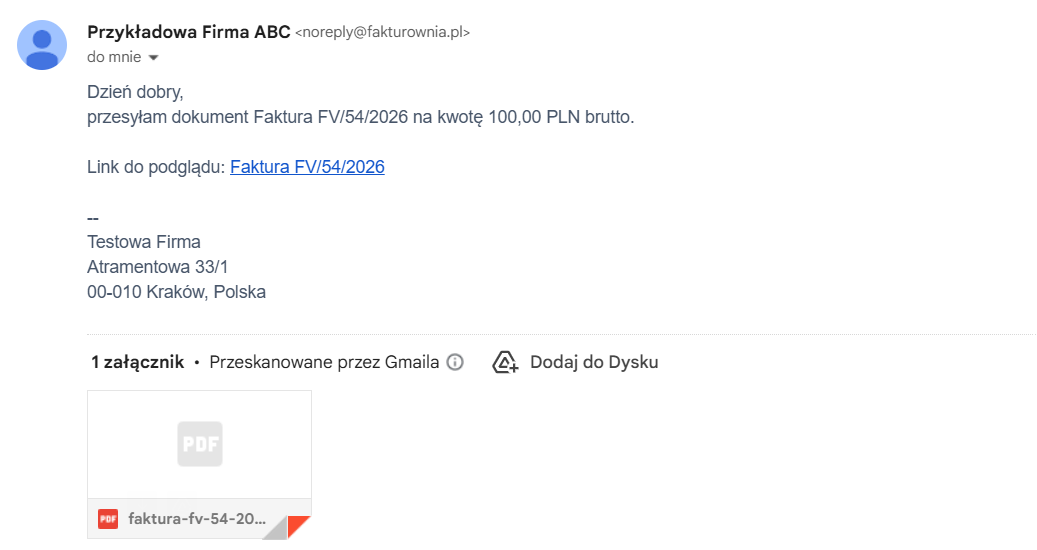 E-mail z fakturą wysłany z systemu Fakturownia z wyłączoną graficzną stopką wiadomości.
