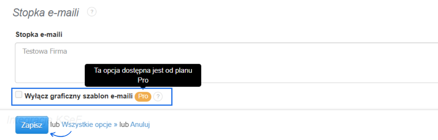 Ustawienia stopki e-maila z checkboxem do wyłączenia graficznego szablonu, dostępnym od planu Pro.