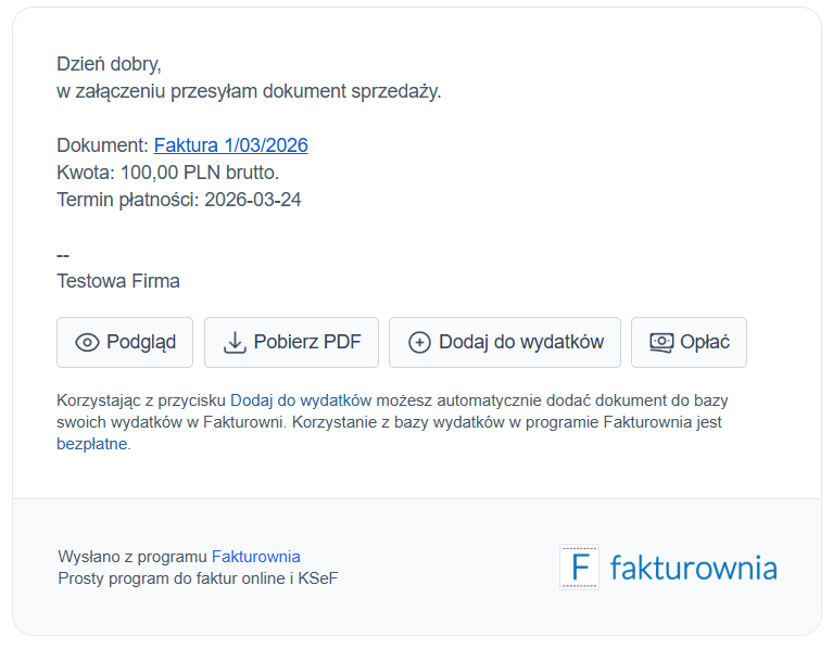 Wiadomość widoczna po wysłaniu faktury do klienta wraz z graficznym szablonem maila.