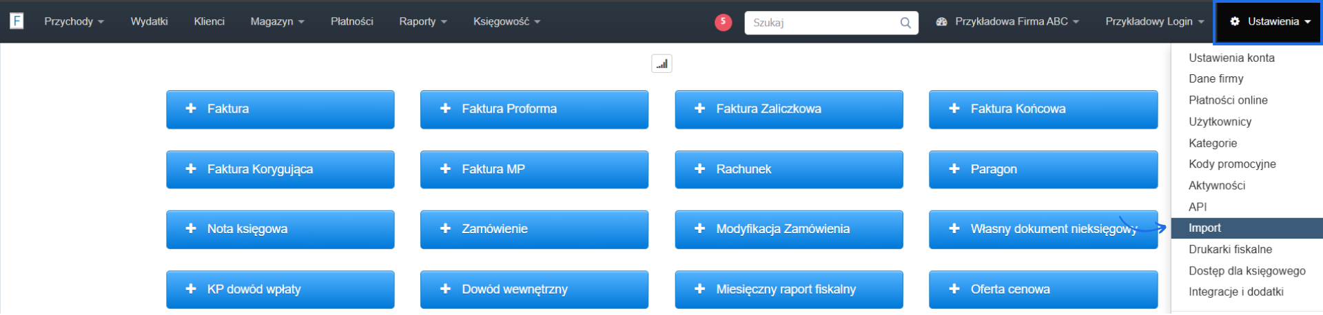 Ustawienia systemu Fakturownia z aktywną zakładką Import oraz dedykowanymi przyciskami do importowania dokumentów.