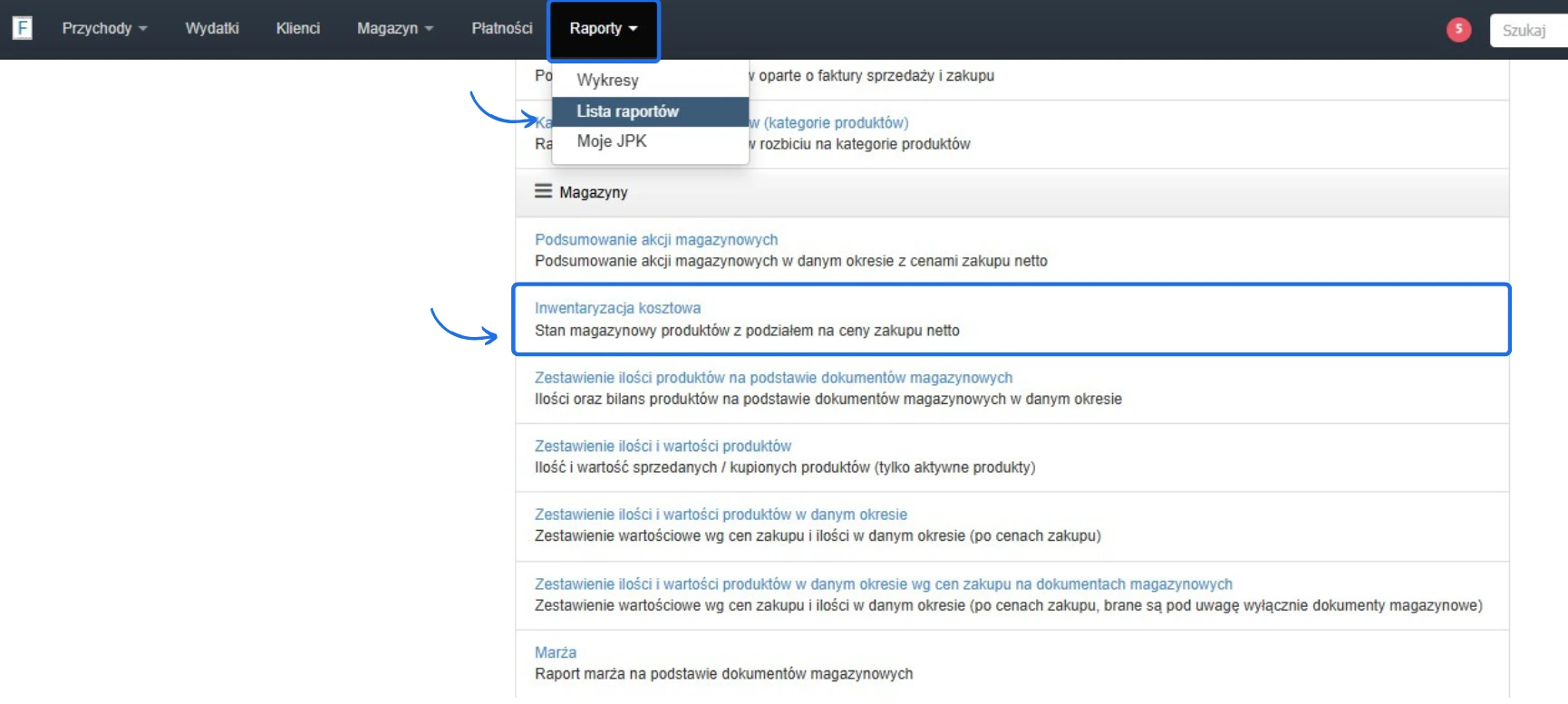 Widok sekcji Raporty z zaznaczoną opcją „Inwentaryzacja kosztowa” pokazującą stan magazynowy produktów z cenami zakupu netto.