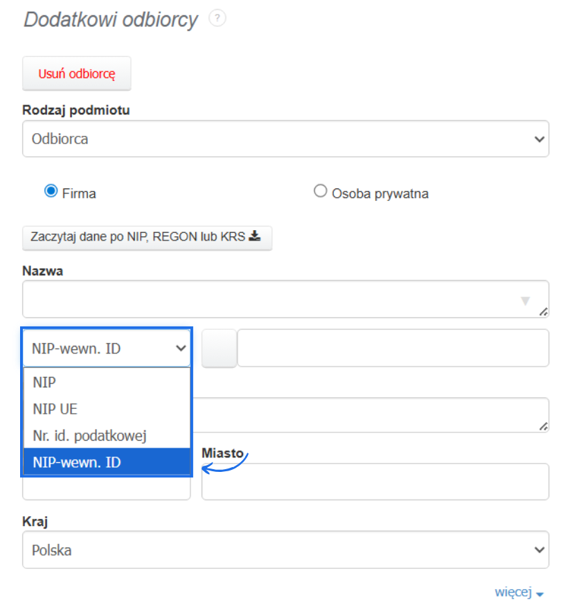 Formularz danych odbiorcy z opcją oznaczenia numeru identyfikacyjnego jako NIP-wewn.ID