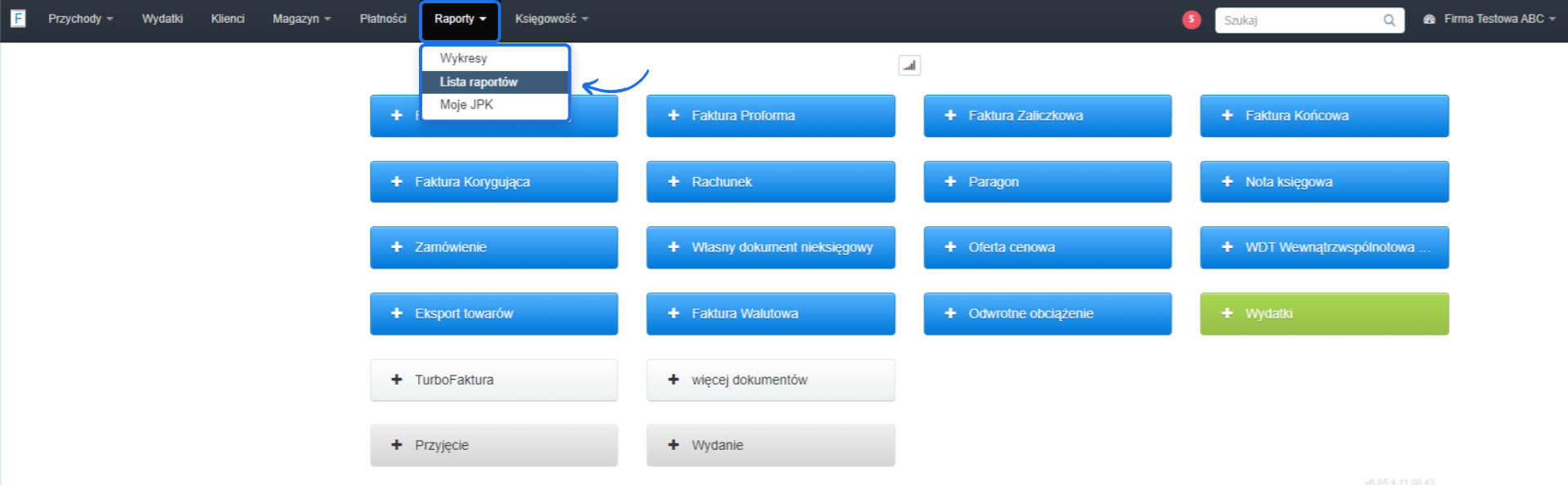 Menu nawigacyjne z opcjami raportów w systemie fakturowania, w tym lista raportów i moje JPK.