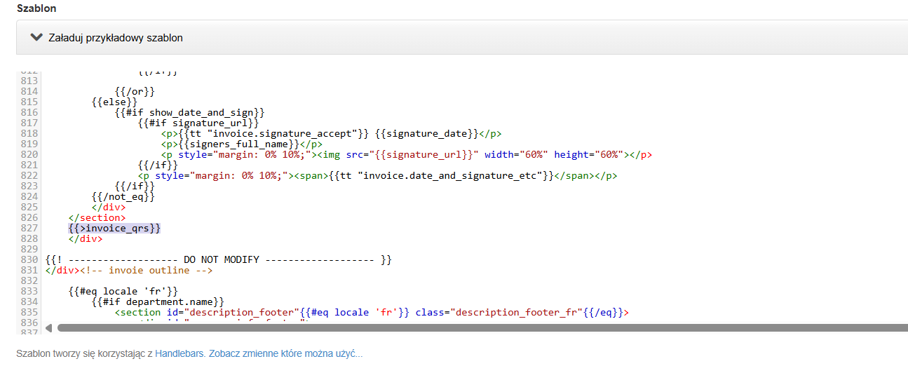 Kod HTML systemowego szablonu faktury w Fakturowni z zaznaczonym partialem invoice_qrs odpowiedzialnym za kody QR.