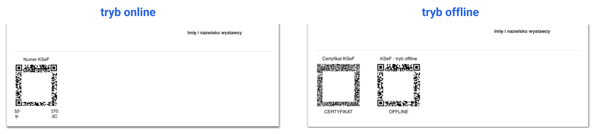 Porównanie wyświetlania kodów QR po wysłaniu faktury do KSeF w zależności od trybu wysyłki online/offline.
