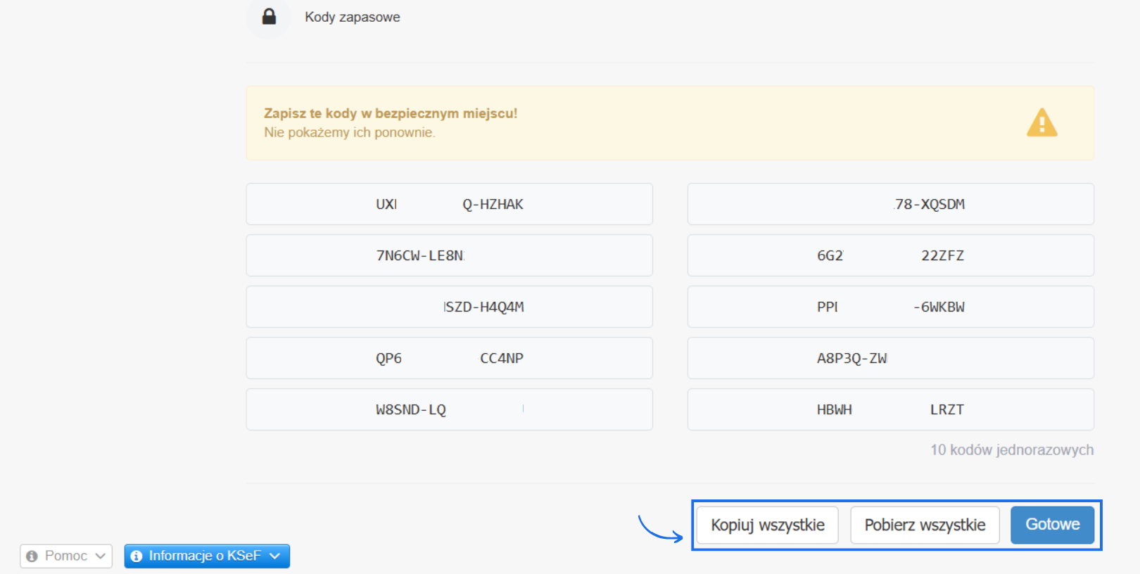 Lista 10 kodów zapasowych z opcją skopiowana ich do schowka, pobrania pliku testowego z listą kodów lub wyłączenia ich podglądu.