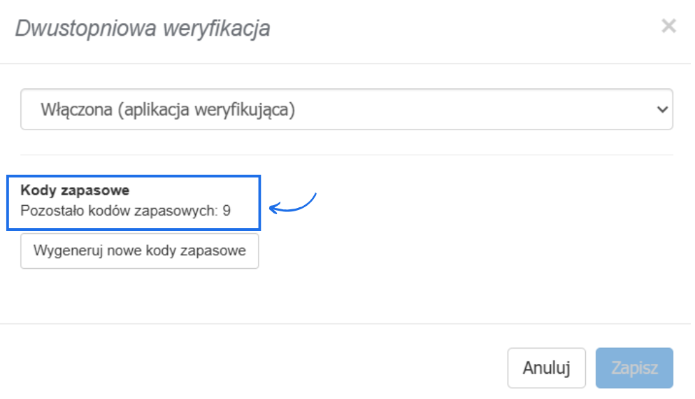 Podsumowanie informacji o dwustopniowej weryfikacji w tym liczba kodów zapasowych pozostała do wykorzystania.