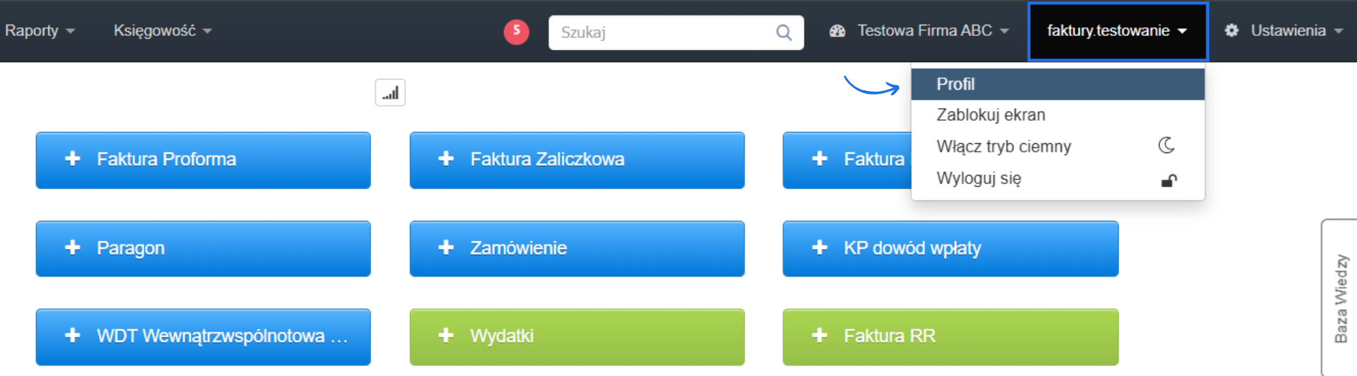 Strona główna konta w systemie do fakturowania online z aktywną zakładką profilu użytkownika i przyciskami do wystawiania dokumentów.