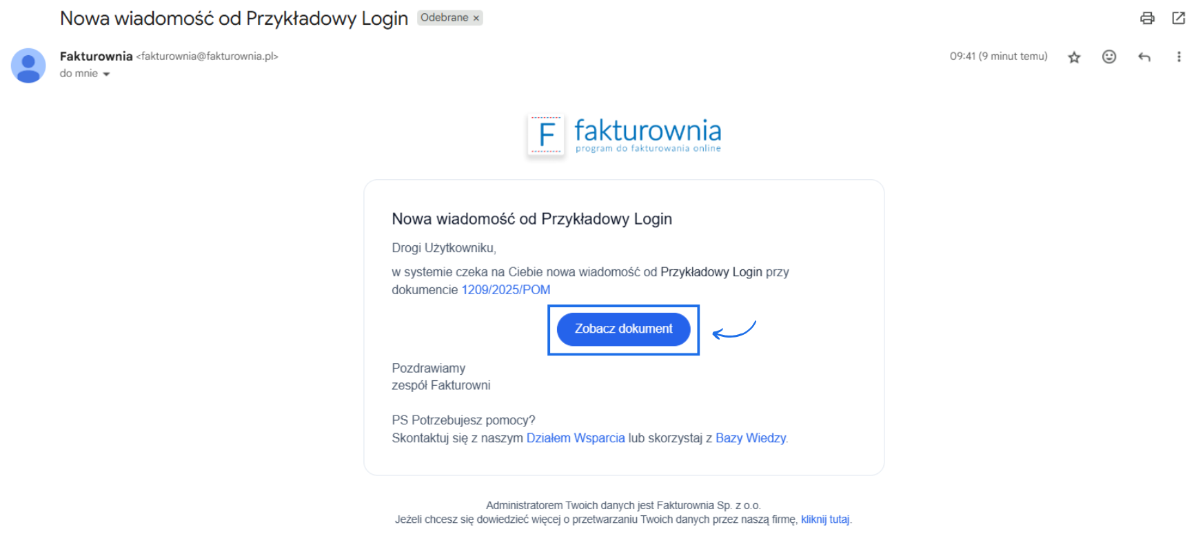 Wiadomość e-mail z powiadomieniem o dodaniu wiadomości do faktury kosztowej, do której dany adres e-mail ma dostęp.