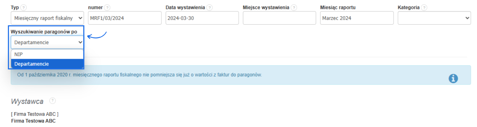 Pole wyboru w formularzu miesięcznego raportu fiskalnego umożliwia wyszukiwanie paragonów po NIP-ie lub departamencie.