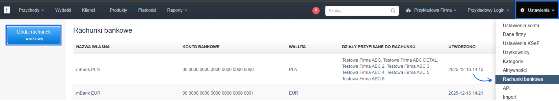 Lista kont bankowych w koncie Fakturowni z przyciskiem Dodaj rachunek bankowy do tworzenia nowych wpisów.