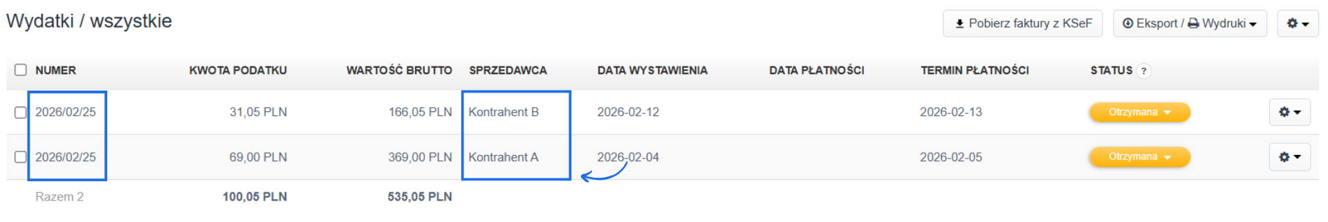 Lista faktur kosztowych w systemie do fakturowania z takimi samymi numerami ale od innych kontrahentów.