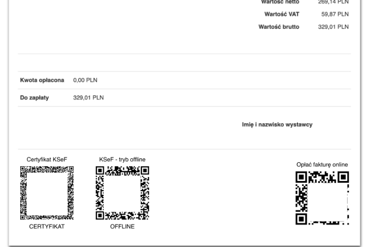 Faktura wysłana do KSeF w trybie offline z 2 kodami QR KSeF i kodem QR do płatności online.
