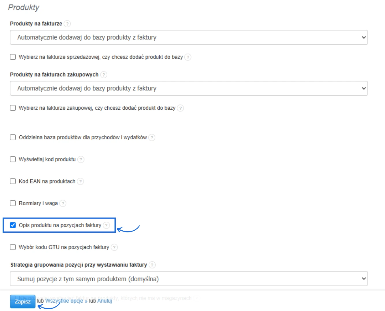 Panel ustawień produktów w Fakturownia – zaznaczony checkbox „Opis produktu na pozycjach faktury”.