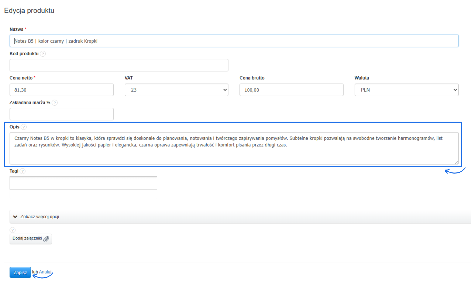 Formularz edycji produktu z opisem czarnego notesu B5 w kropki, przeznaczonego do planowania i notowania.