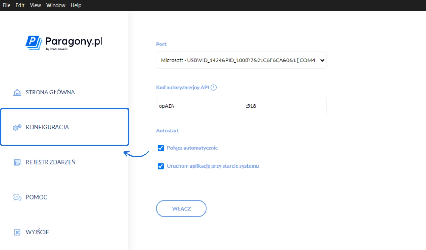 Panel konfiguracji Paragony.pl w programie Fakturownia z ustawieniami portu, adresu IP drukarki i opcjami autostartu aplikacji.