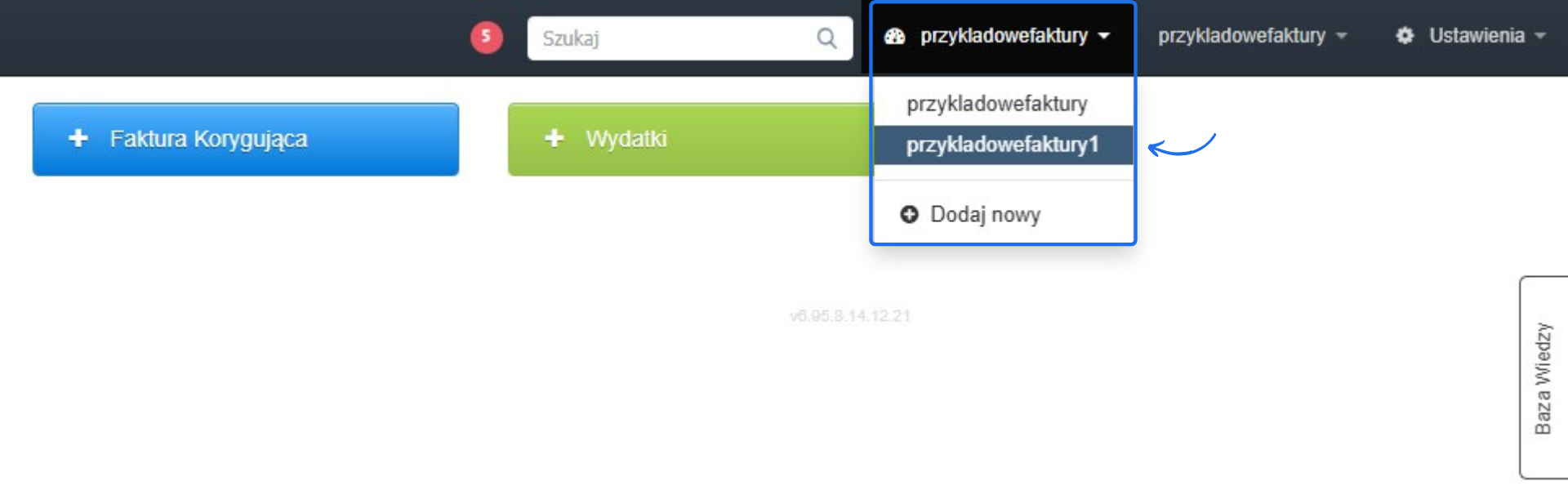 Strona główna Fakturowni z rozwijaną listą kont podpiętych pod jeden login, umożliwiającą przełączanie się między firmami.