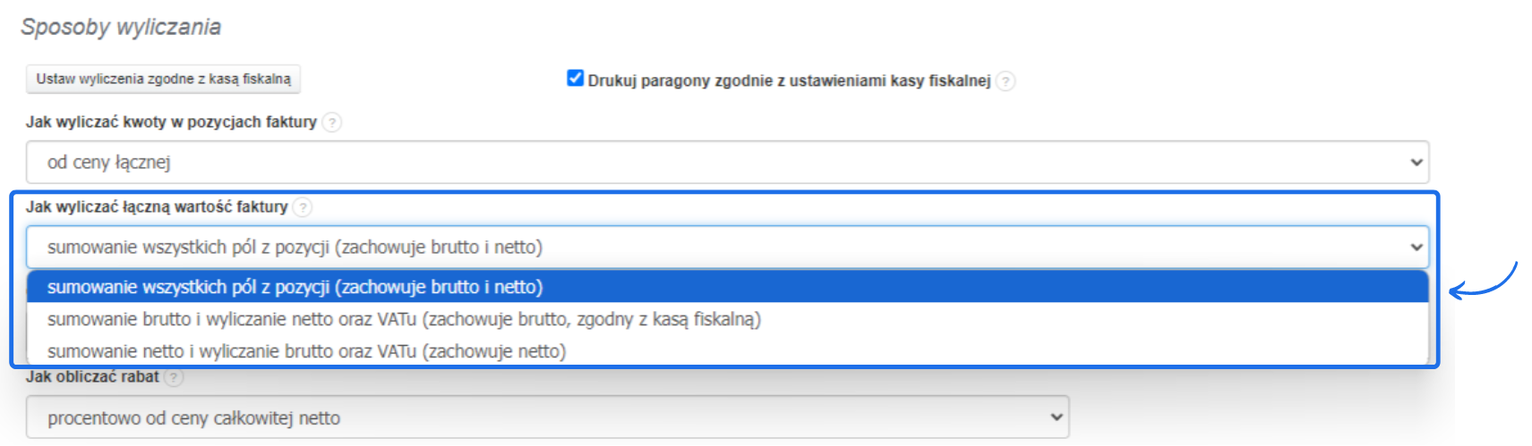 Opcje wyliczania faktur, z wybraną metodą sumowania wszystkich pól z pozycji, zachowując brutto i netto w ustawieniach systemu.