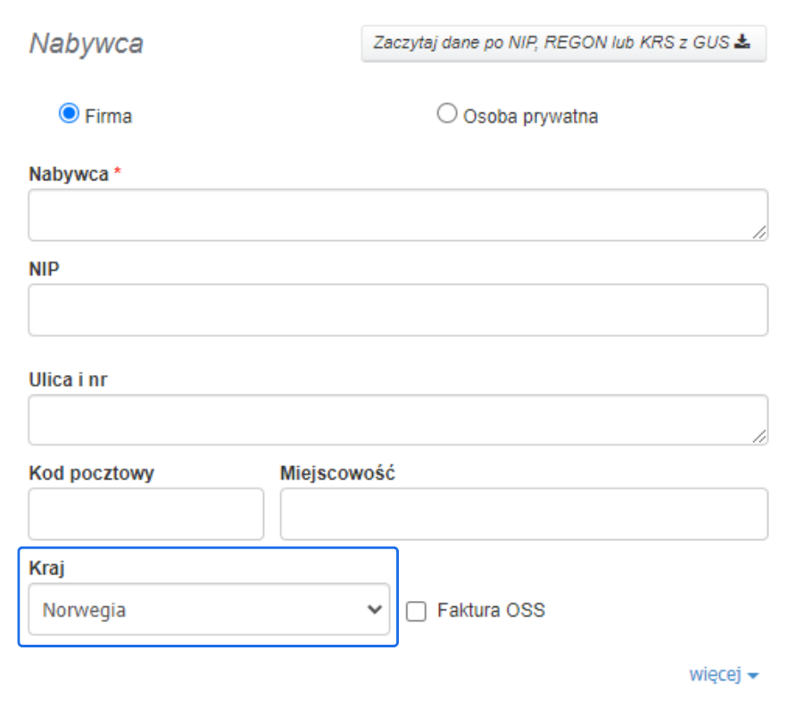 Formularz danych nabywcy z wyborem kraju (Norwegia), opcją firmy lub osoby prywatnej, oraz możliwością sprawdzenia NIP w bazie VIES.
