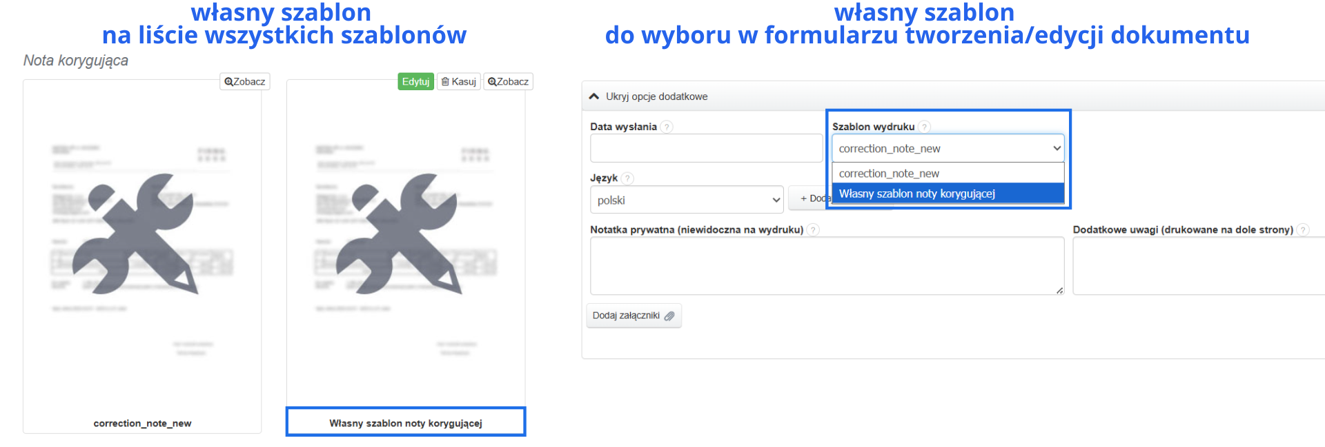 Własny szablon noty korygującej dostępny na liście wszystkich szablonów oraz do wyboru przy tworzeniu/edycji dokumentu.