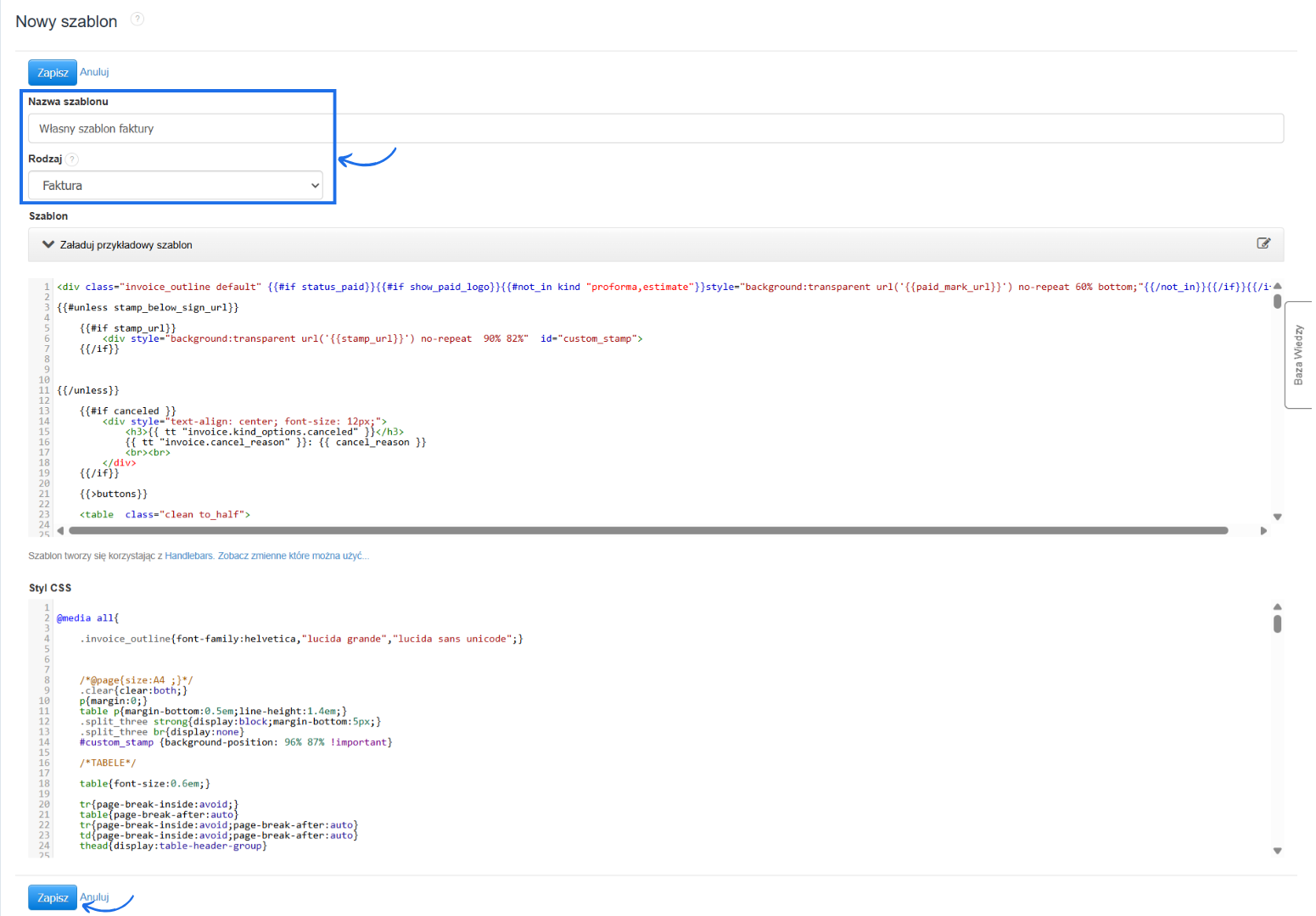 Formularz tworzenia własnego szablonu faktury z polem na nazwę oraz polami na kod HTML i style CSS.