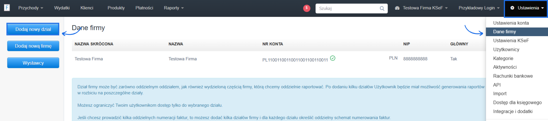 Lista firm/działów dodanych w ustawieniach firm z możliwością dodania nowego działu.