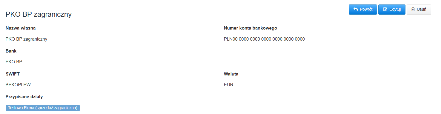 Podsumowanie danych o rachunku bankowym w tym nazwa, waluta, numer i SWIFT przypisanym do wybranego działu.