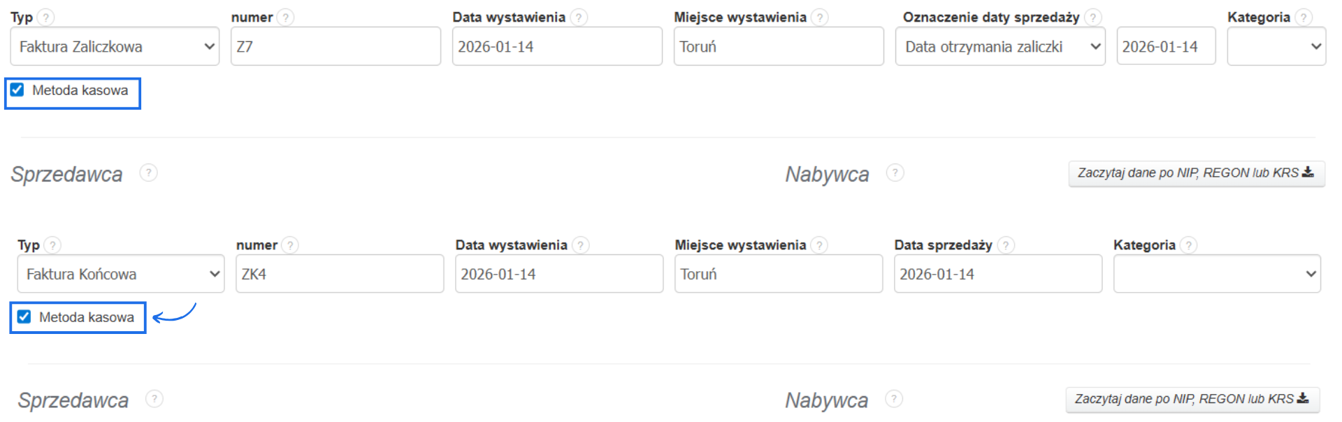 Formularz faktury zaliczkowej i końcowej z checkboxem Metoda kasowa dostępnym do zaznaczenia.
