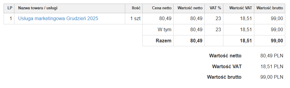 Przykład faktury wygenerowanej z cyklu na podstawie dokumentu, gdzie pozycje uwzględniały zmienne z zaczytanym miesiącem i rokiem.