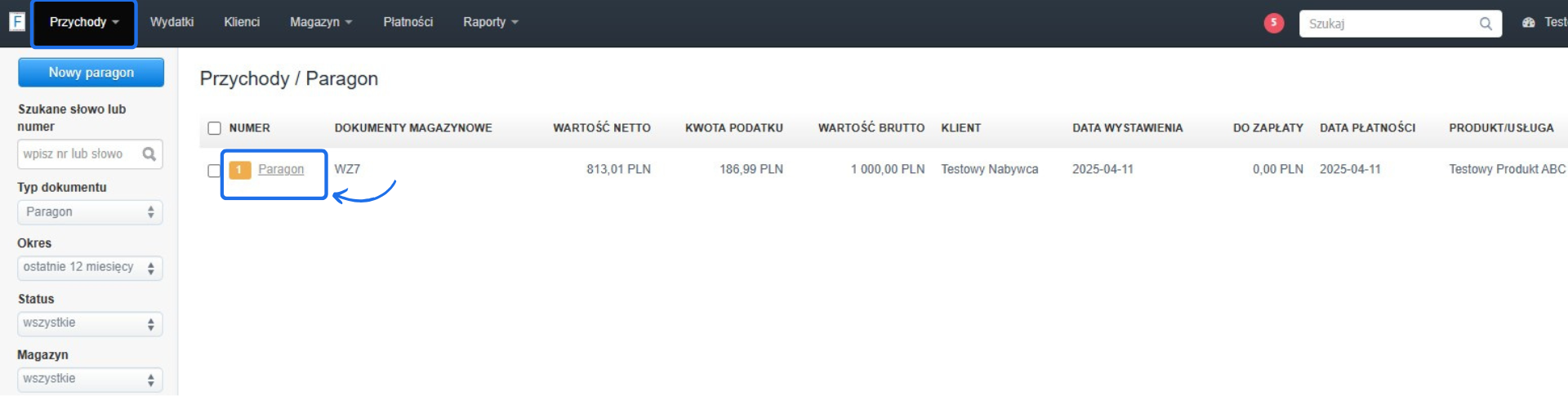 Lista dokumentów w zakładce Przychody z widocznym paragonem na kwotę 1000 PLN brutto dla klienta Testowy Nabywca.